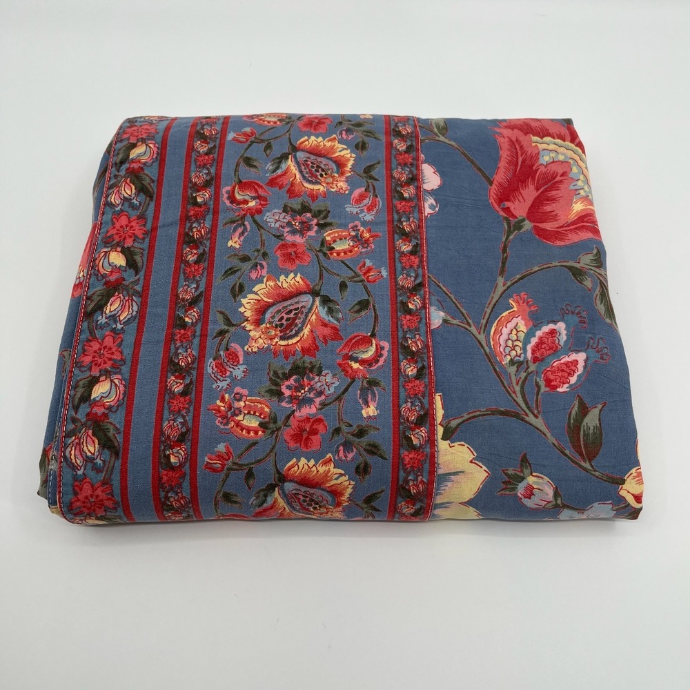 Vtg 90s April Cornell Tablecloth Blue Floral Cotton 94x53 Cottage Country Garden